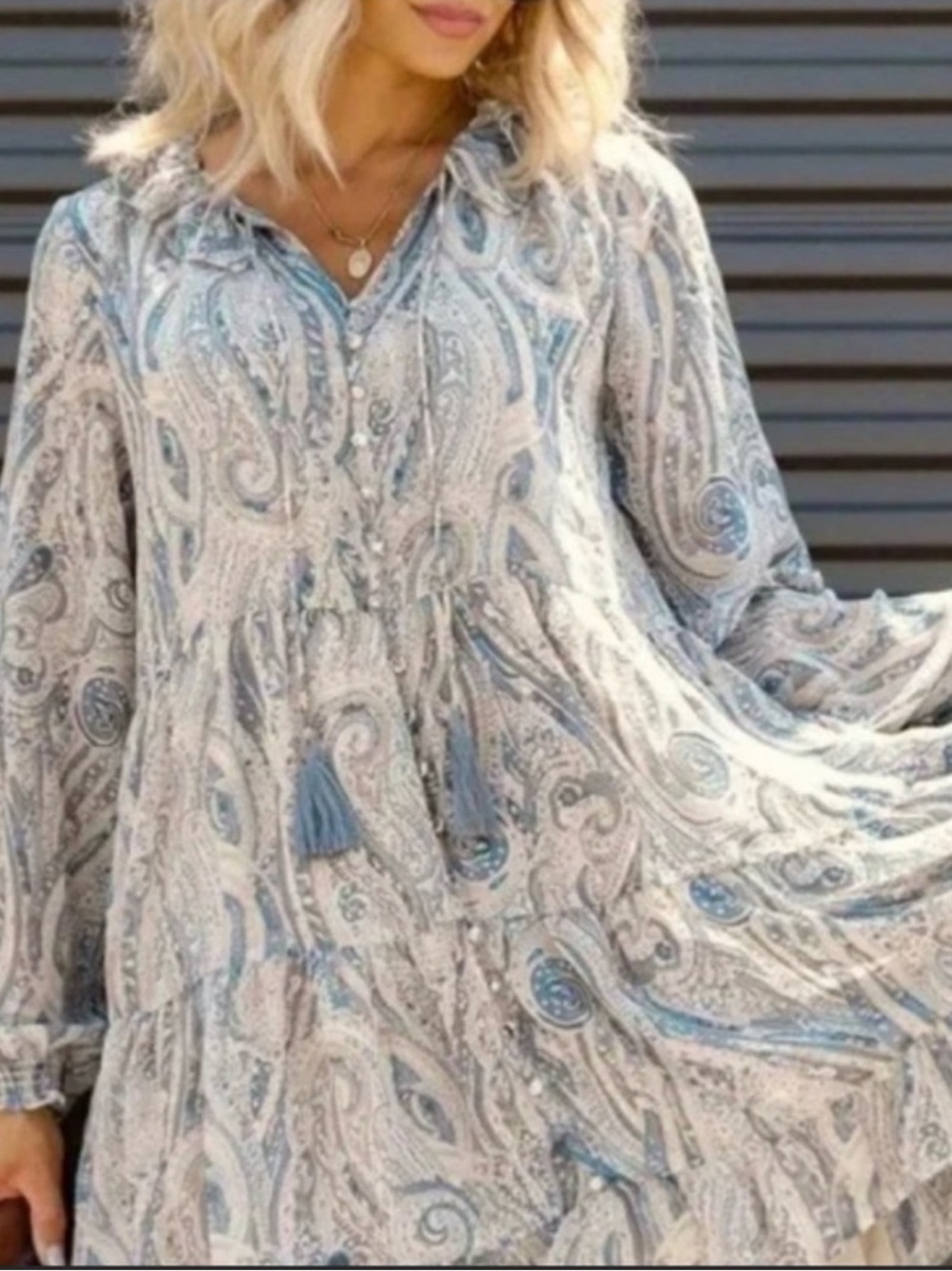 NWOT Grace + Karma Paisley Tiered Boho Babydoll Dress - Light Blue